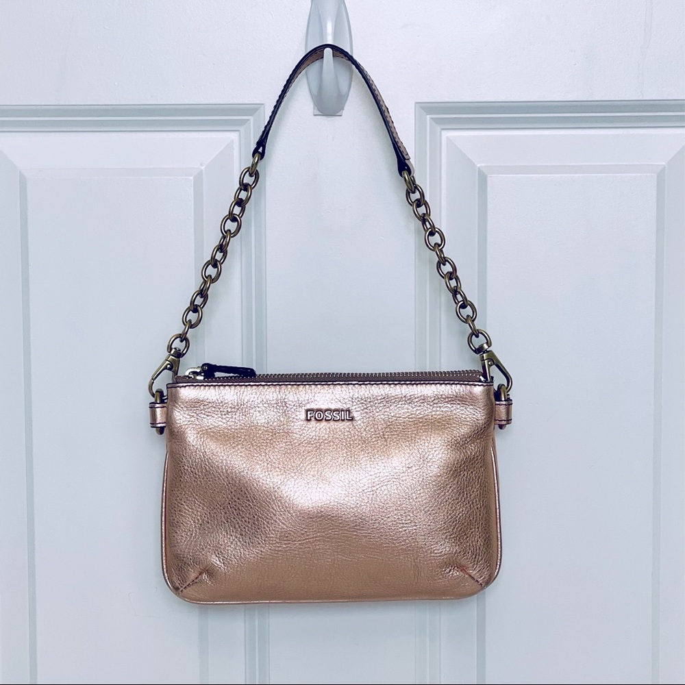 Fossil Metallic Gold Double Zip Shoulder/Clutch/Wristlet Bag - Detachabl…